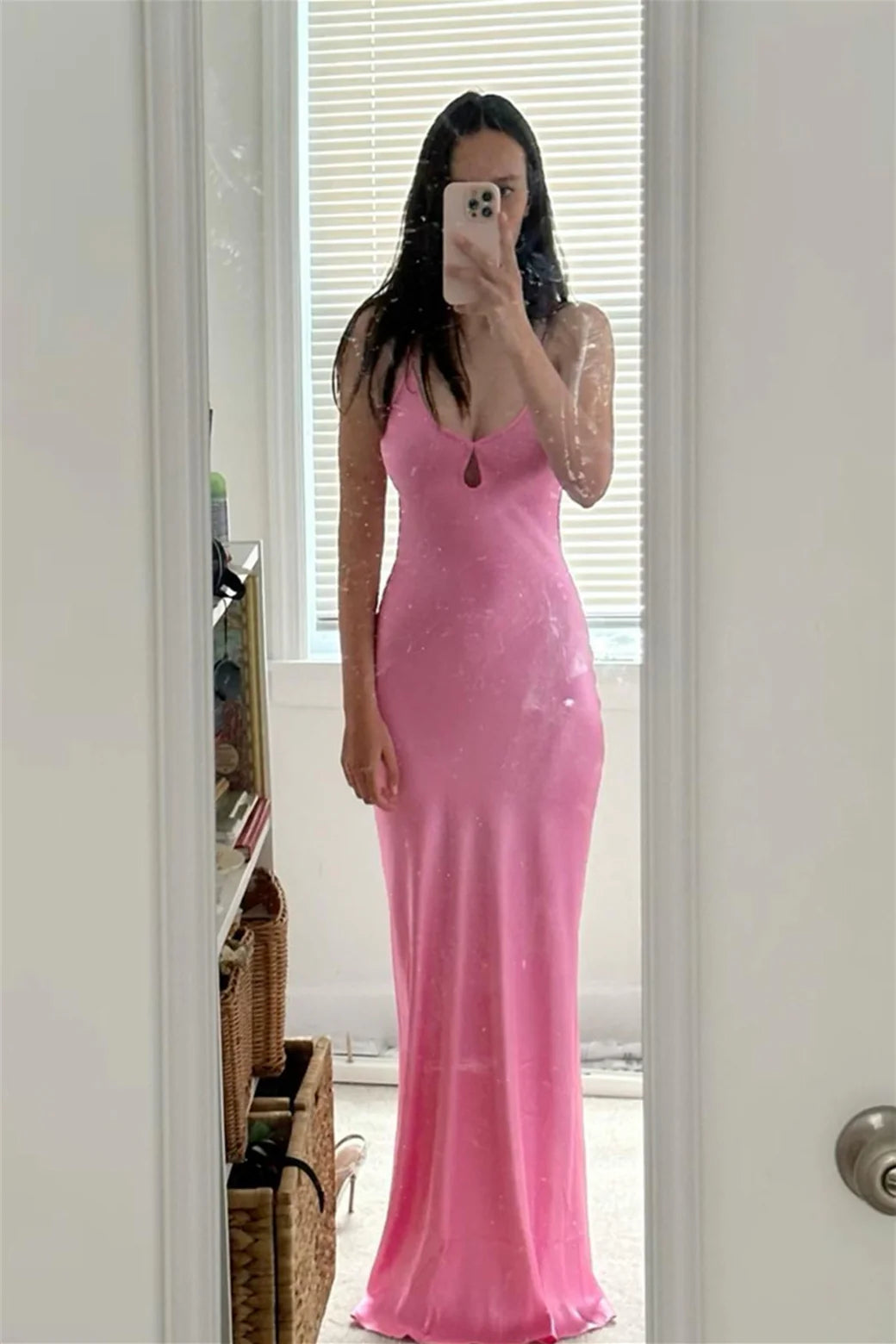 Vestido Weitese con tirantes finos, vestido rosa largo con escote en forma de tubo y abertura para fiesta.